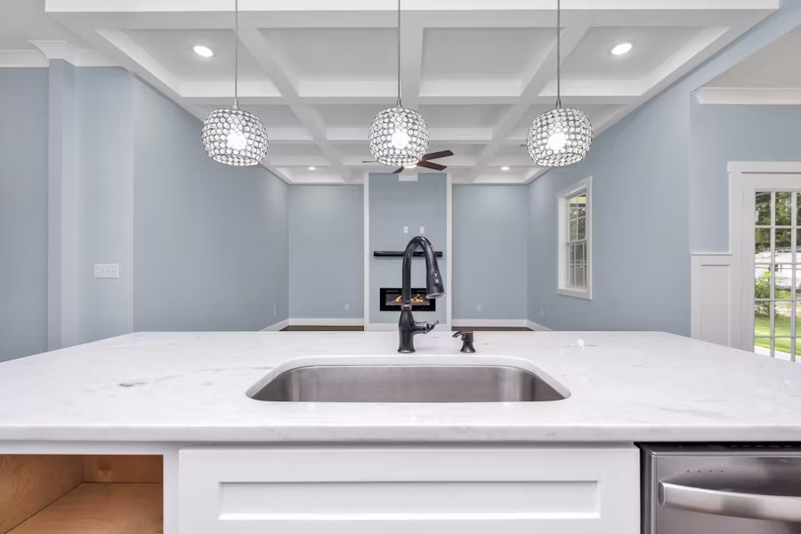 Polished granite countertop with a seamless edge